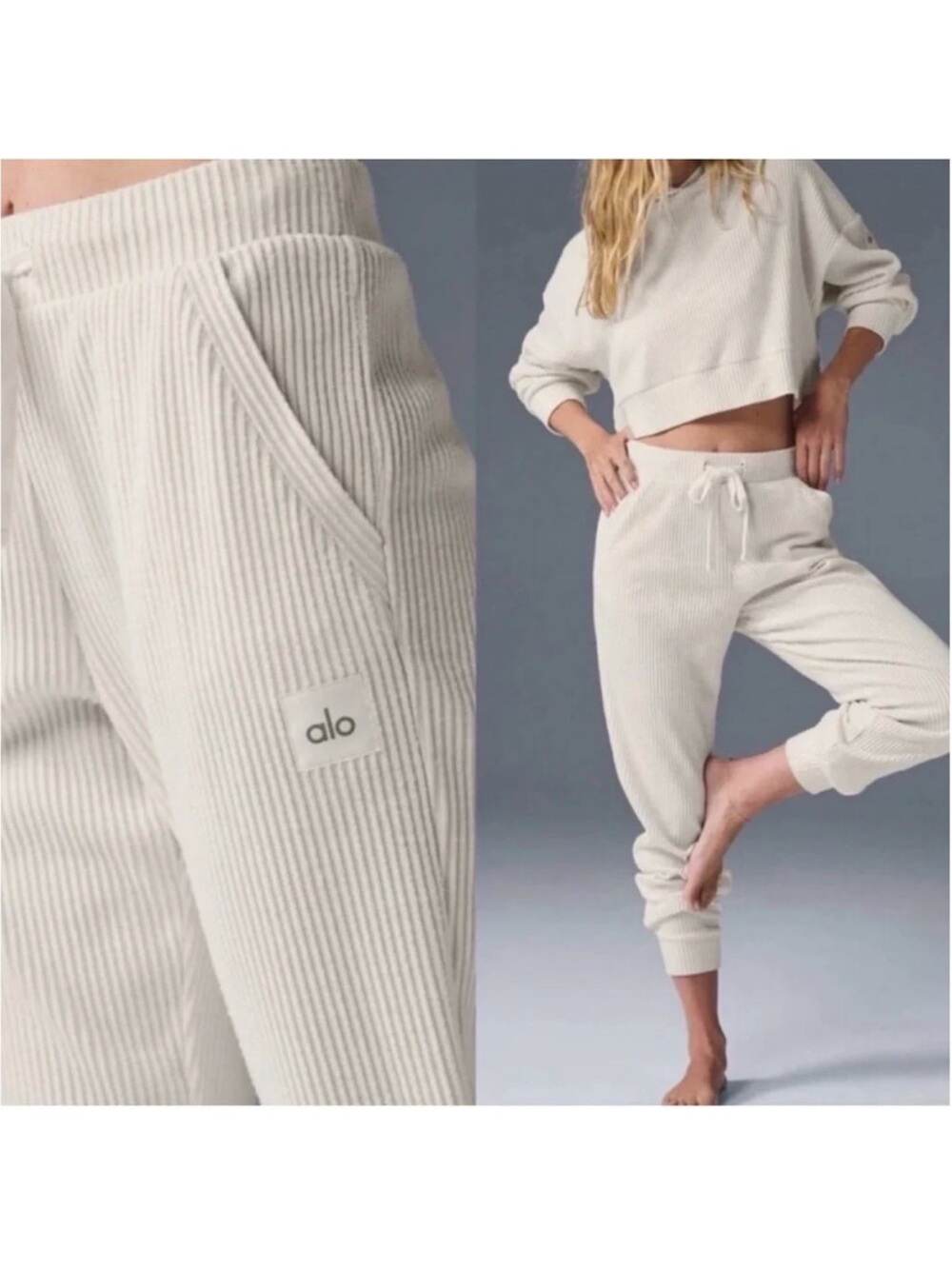 ALO Yoga Muse Ribbed Cream Track Joggers Sweatpants